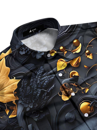 men's black cat maple leaf print short sleeve shirt flat lay