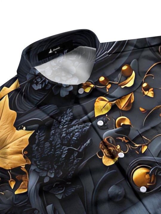 men's black cat maple leaf print short sleeve shirt flat lay