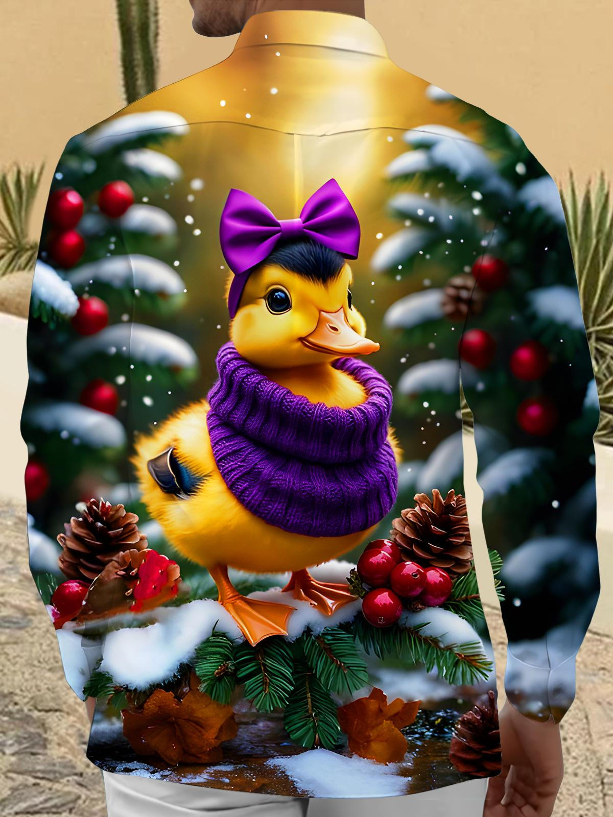 Funny Winter Snow Scene Ducks Men's Pocket Long Sleeve Shirts