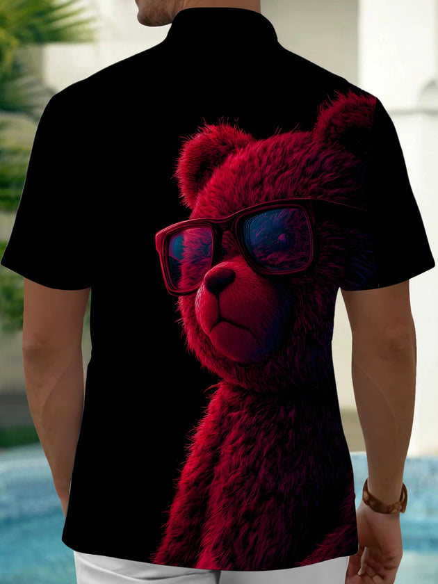 men's short sleeve shirt back view with eyeglass bear print