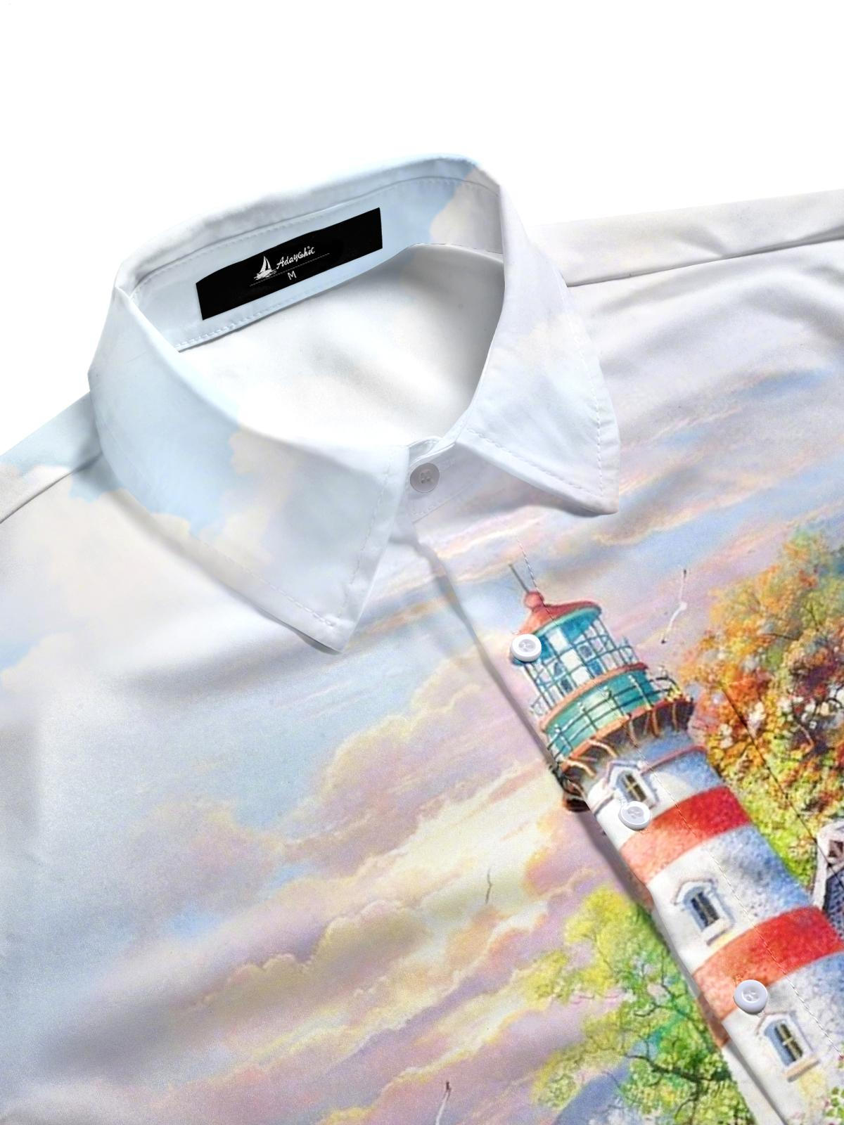 Lighthouse Scenery Print Men's Pocket Short Sleeve Shirts