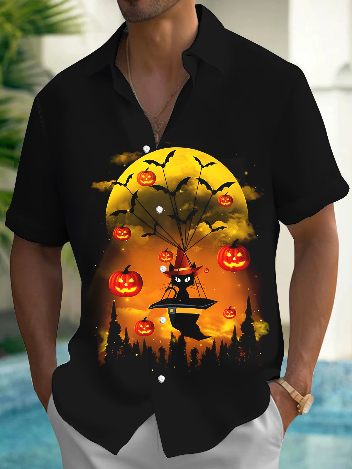 Halloween Cat Men's Pocket Short Sleeve Shirts