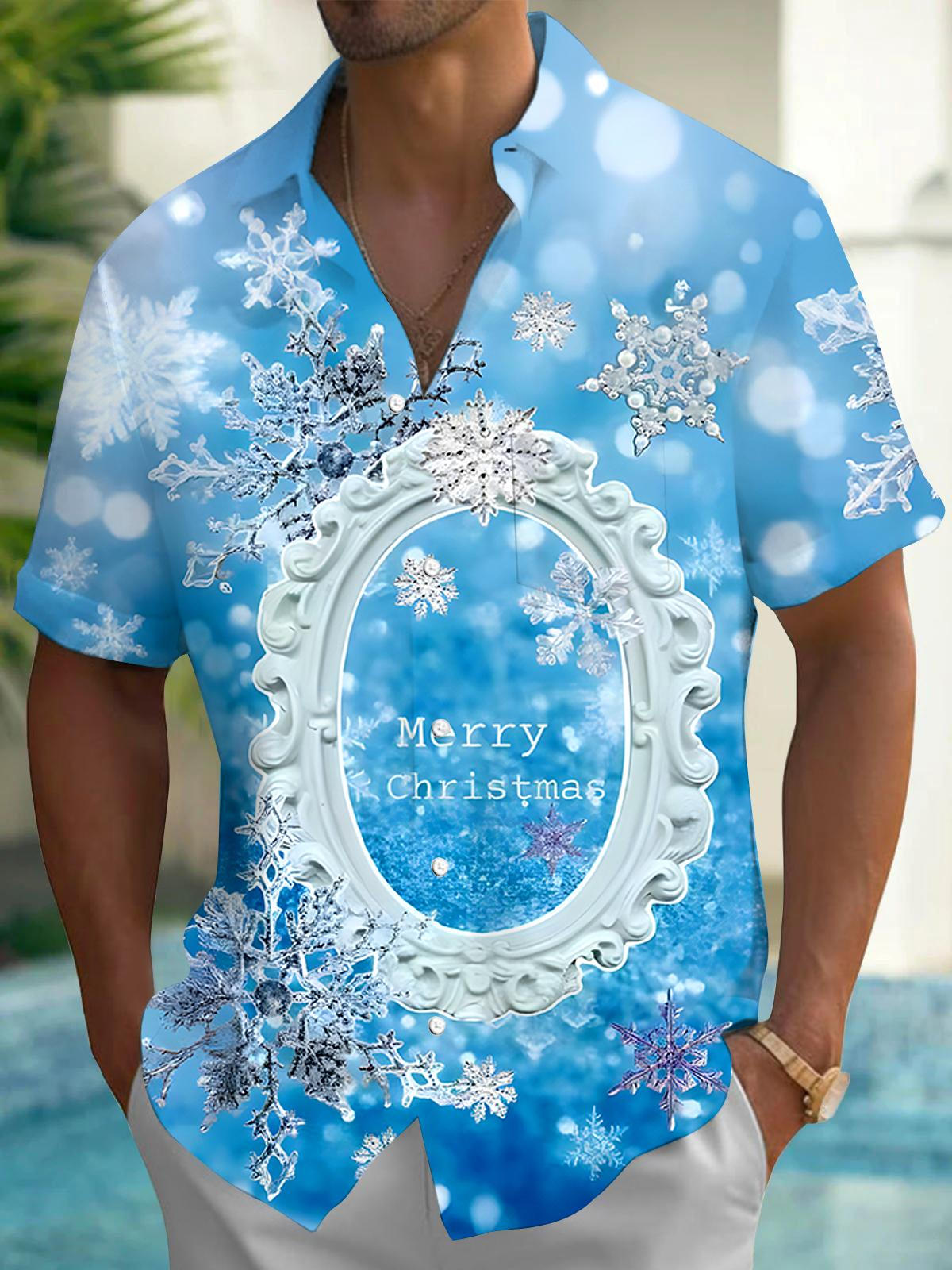 Christmas Mirror Snowflake Men's Pocket Short Sleeve Shirts