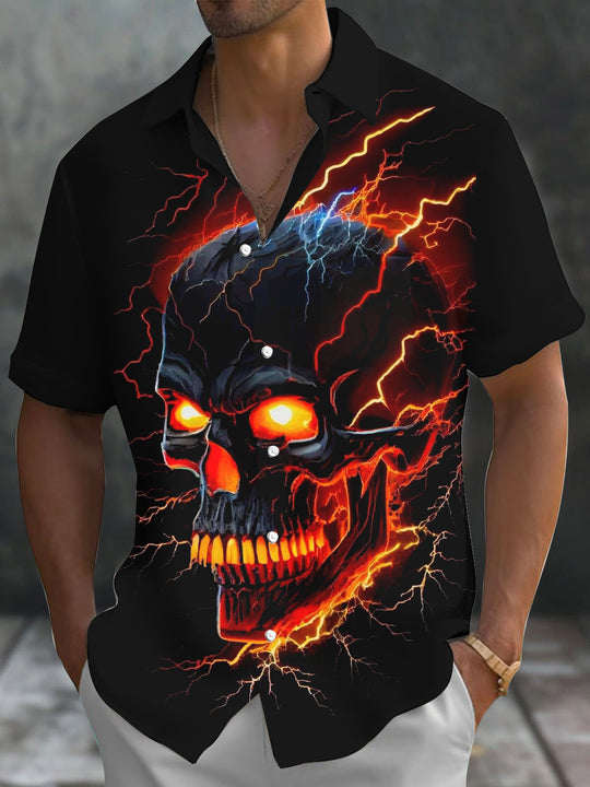 Men's skull print pocket short sleeve shirt front view for Halloween costume
