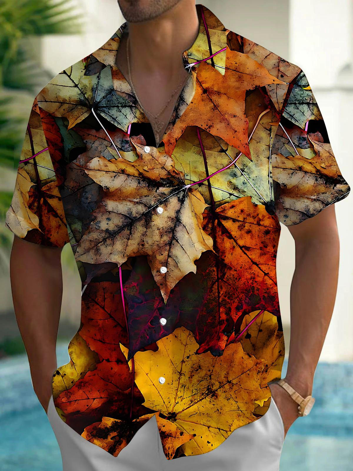 Autumn Maple Leaf Print Men's Pocket Short Sleeve Shirts