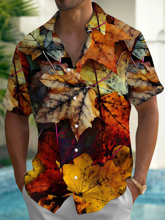 men's autumn maple leaf print short sleeve shirt front view