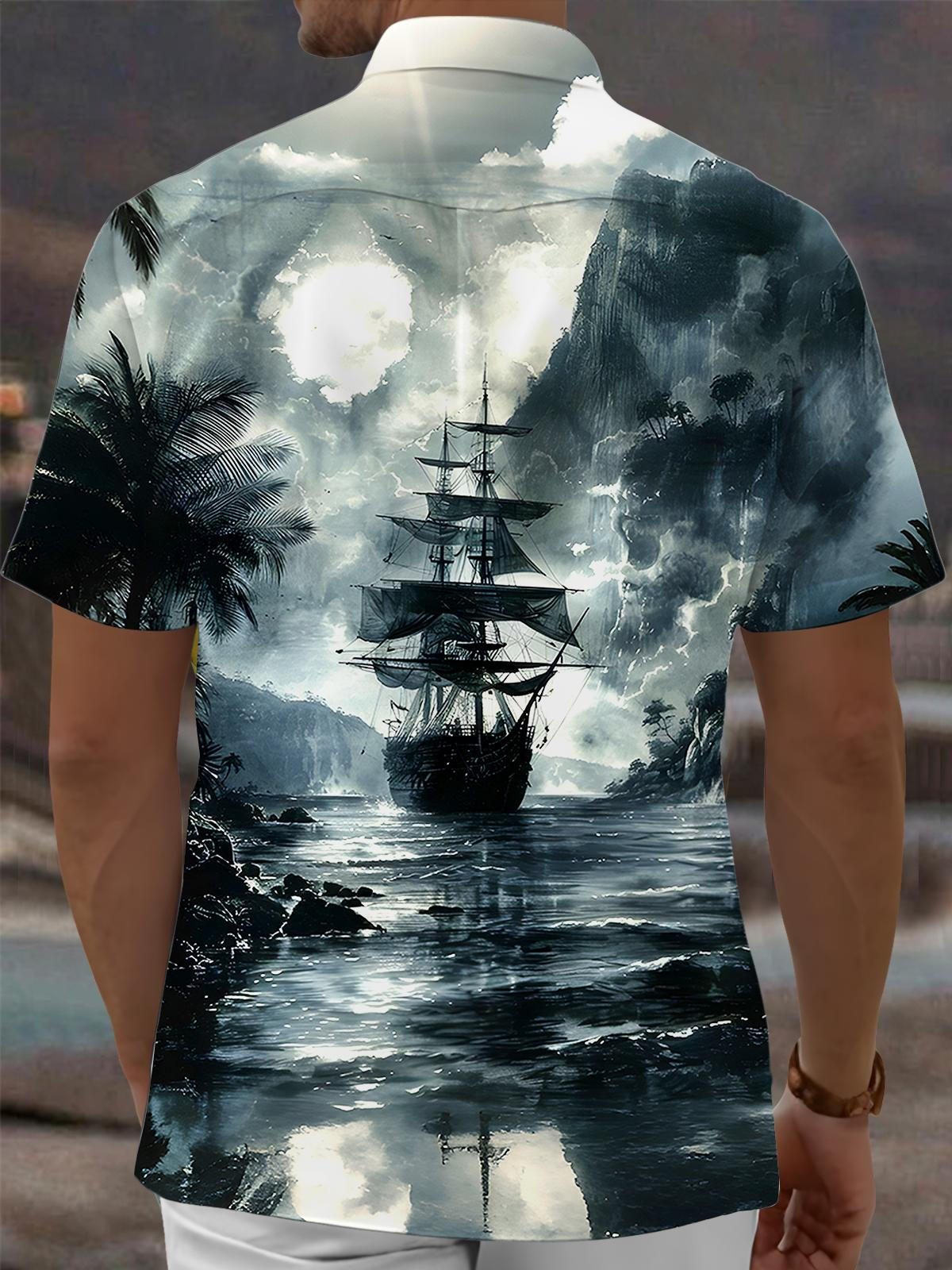 Dark Boat Coconut tree Men's Pocket Short Sleeve Shirts