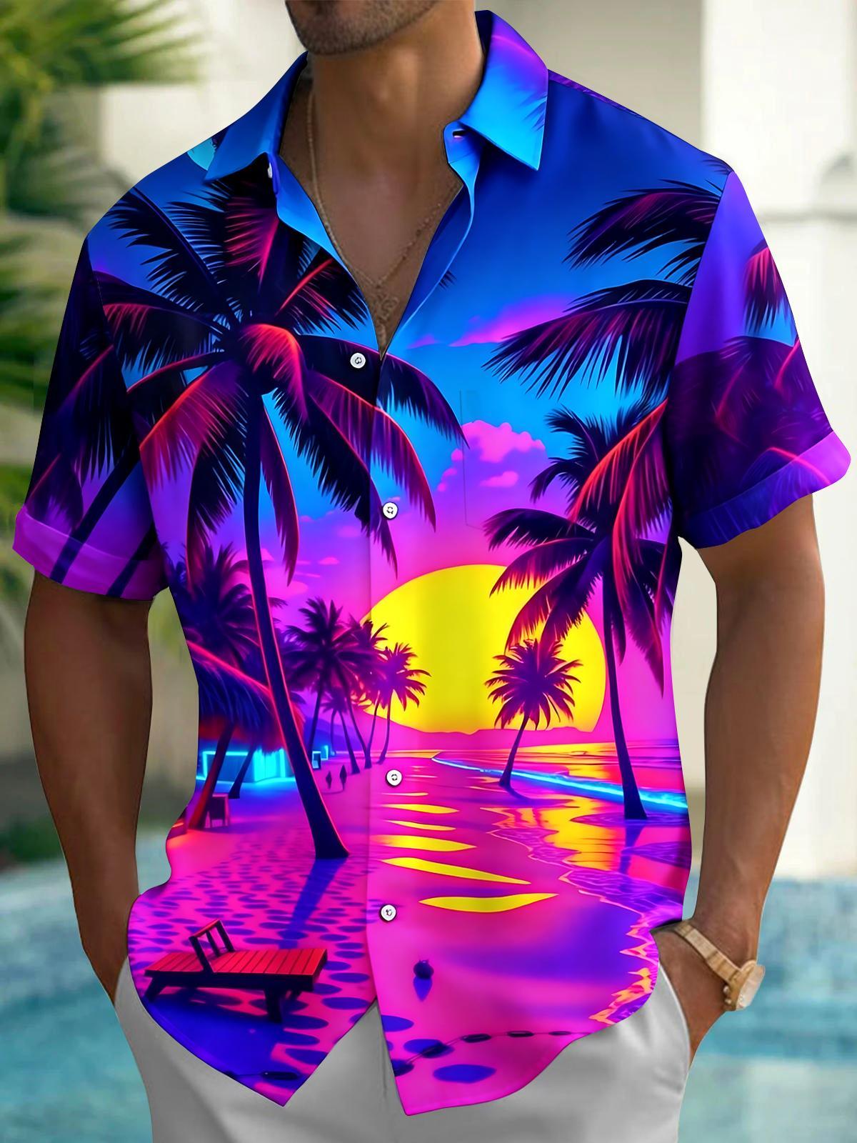 Hawaiian Sunset Coconut Tree Men's Pocket Short Sleeve Shirts