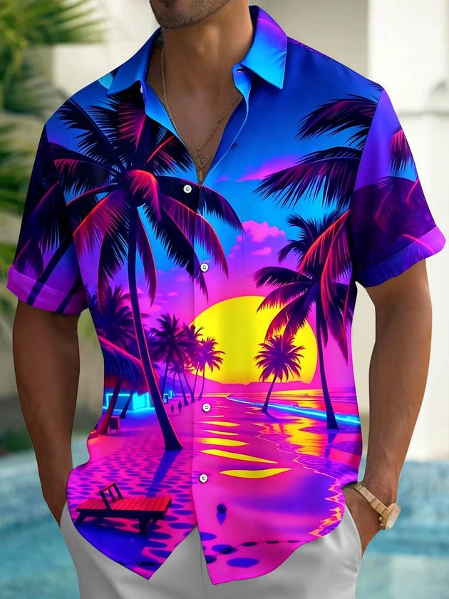 Hawaiian Sunset Coconut Tree Men's Pocket Short Sleeve Shirts