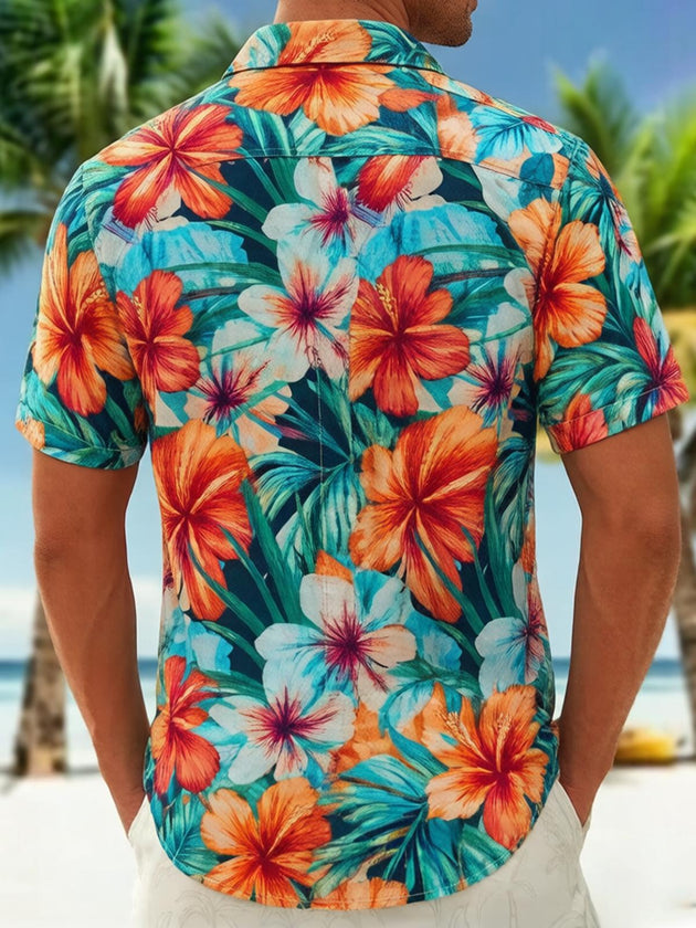 Fun Hawaiian Tropical Flower Muscle Illusion Men's Pocket Short Sleeve Shirts