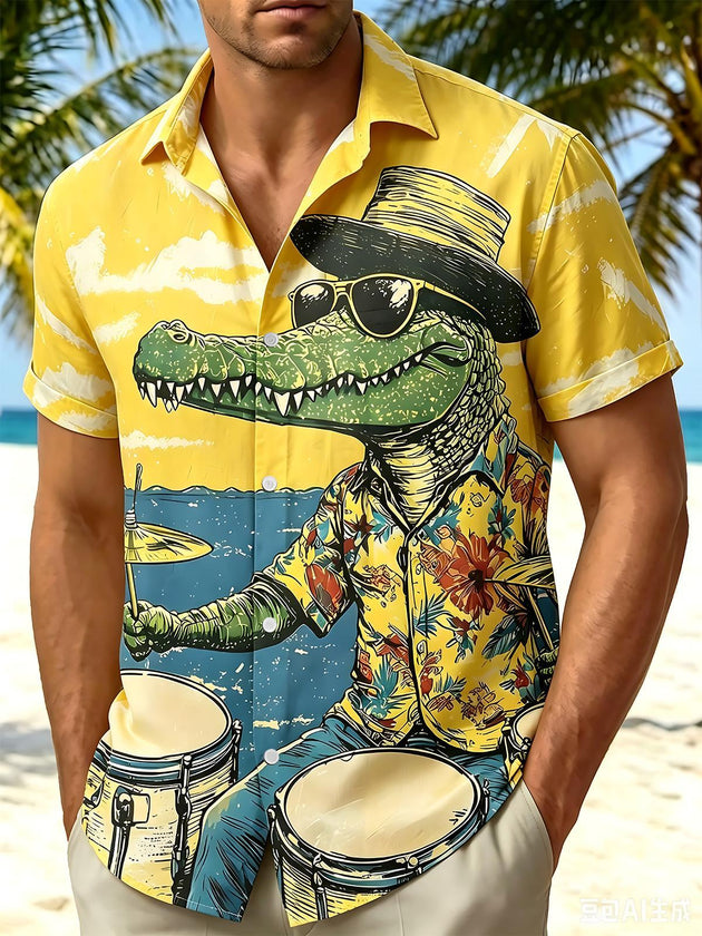 Fun Hawaiian Vintage Drumming Crocodile Seaside Vacation Men's Pocket Short Sleeve Shirts
