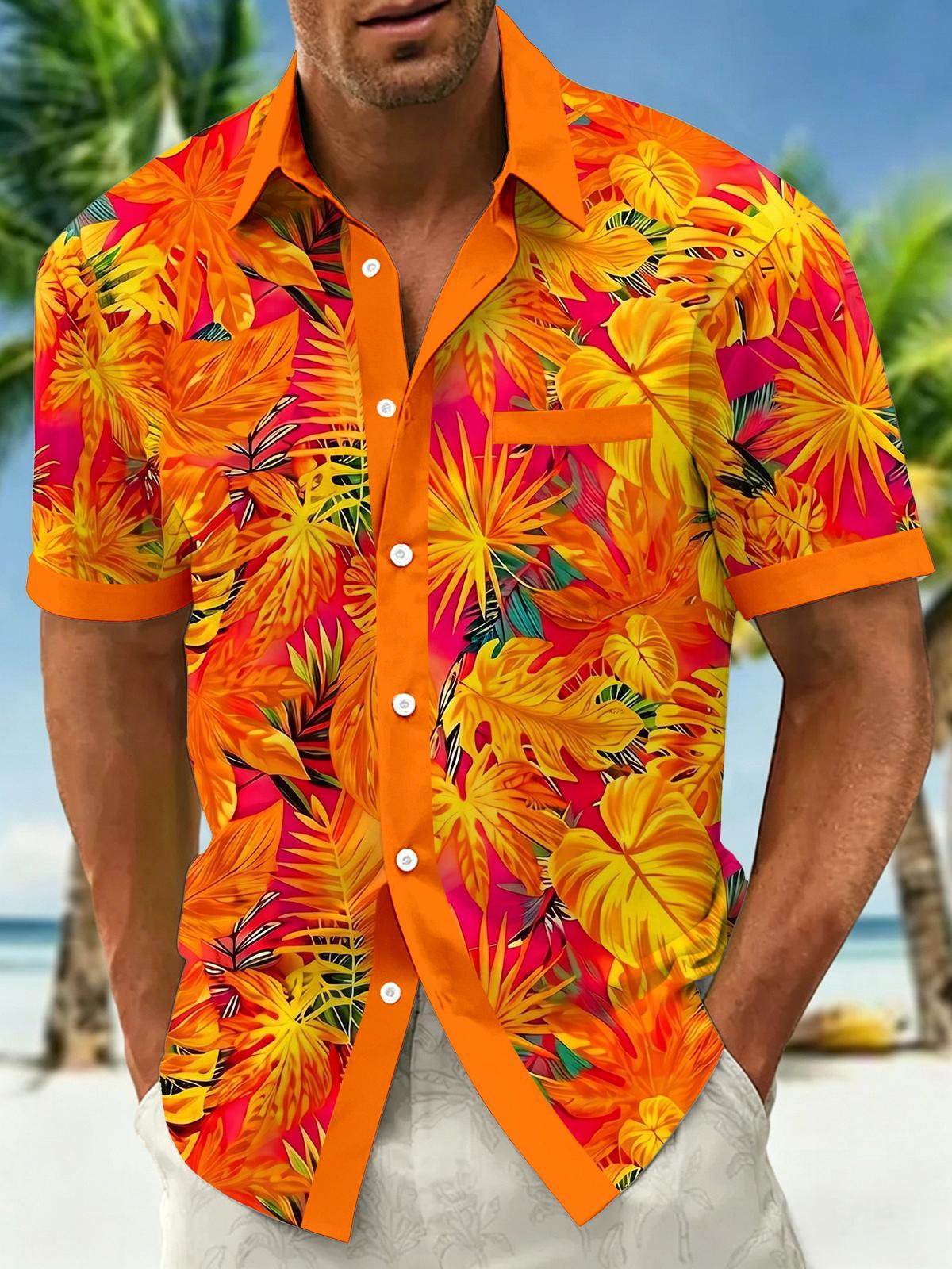 Orange Red Gradient Tropical Palm Leaf Hawaii Men's Pocket Short Sleeve Shirts