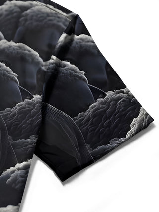 Men's zebra print short sleeve shirt pocket close-up stitching detail