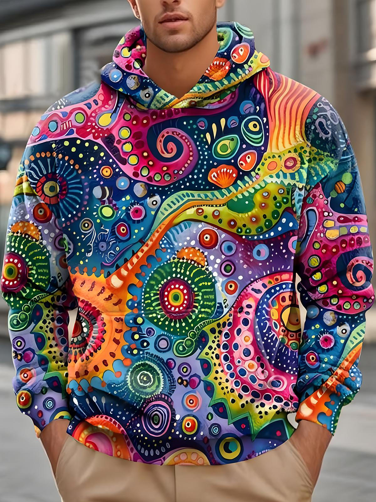 Retro Multicolor Art Long Sleeve Hooded Pocket Men's Top