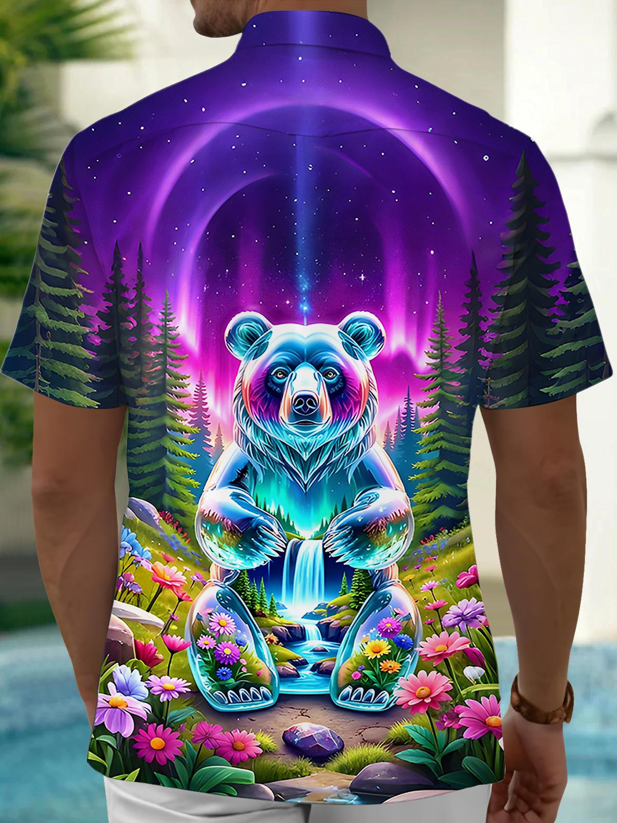 Bear Aurora Forest Men's Pocket Short Sleeve Shirts