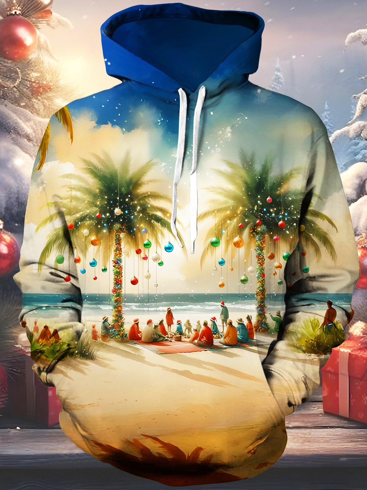 Hawaiian Coconut Tree Colorful Ball Beach Vacation Men's Long Sleeve Printing Pocket Hooded Sweatshirt