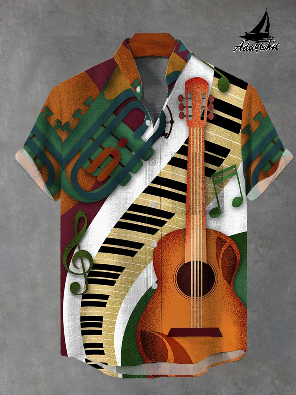 Musical Instrument Print Men's Pocket Short Sleeve Stand Collar Shirts