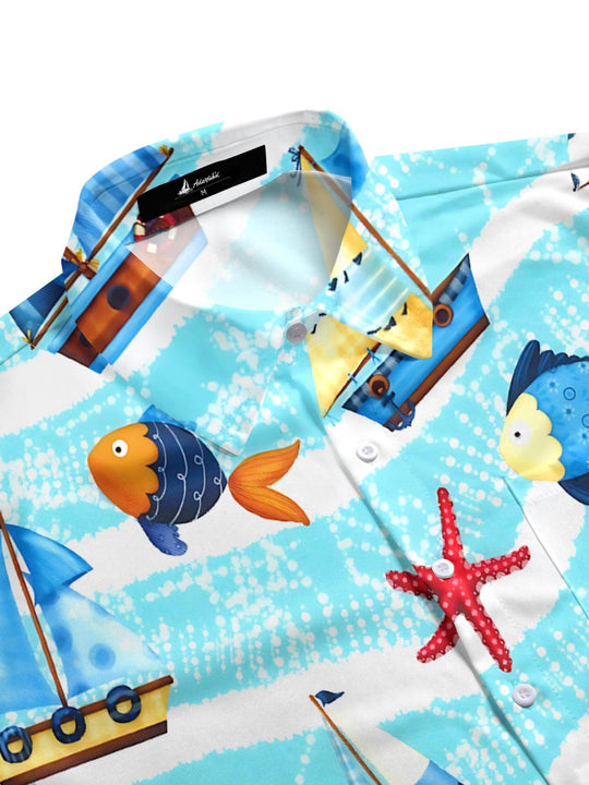 Men's Hawaiian tropical marine life boat print short sleeve shirt side view