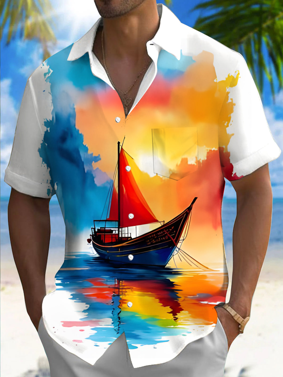 Oil Painting Boat Men's Pocket Short Sleeve Shirts