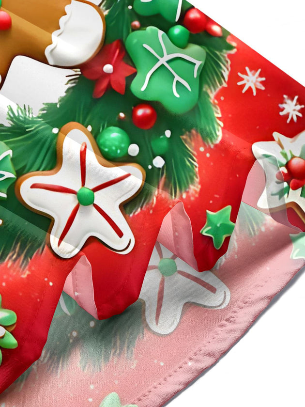 Men at Christmas holiday party wearing gingerbread man print long sleeve shirt