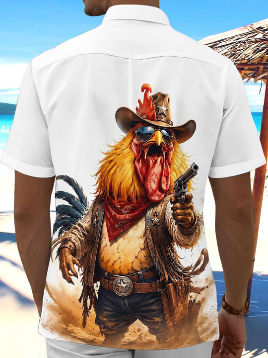 Fun Western Cowboy Rooster Men's Pocket Short Sleeve Shirts