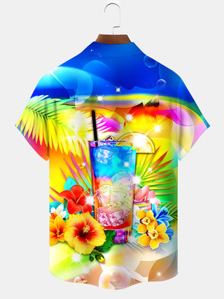 Men's blue Hawaiian print short sleeve shirt back view