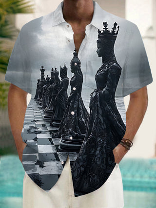 men chess board art print short sleeve shirt front view