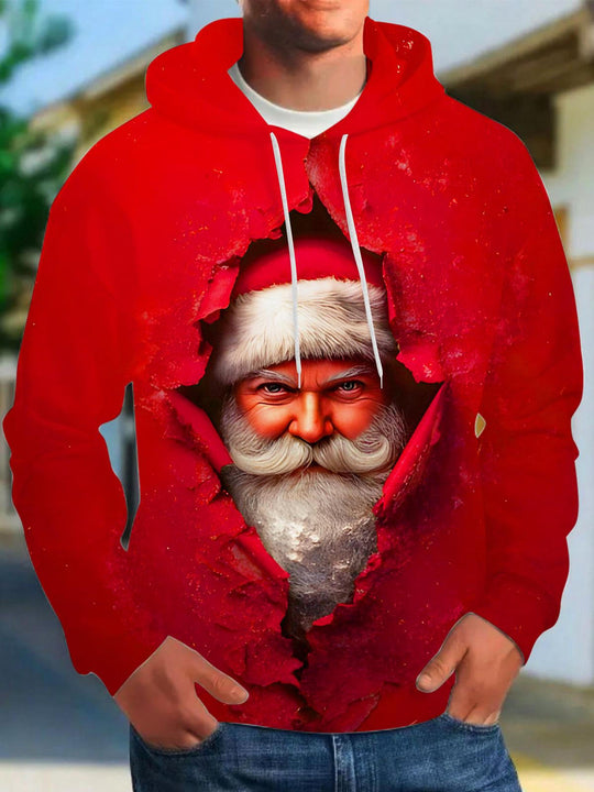 men's red Santa Claus print long sleeve hoodie front view