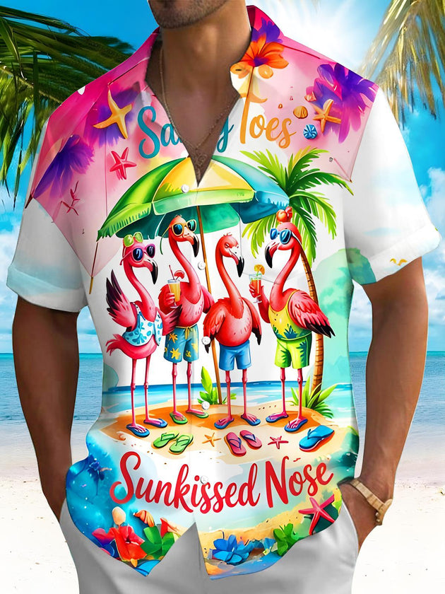 Men's Hawaiian flamingo short sleeve shirt front view for beach vacation