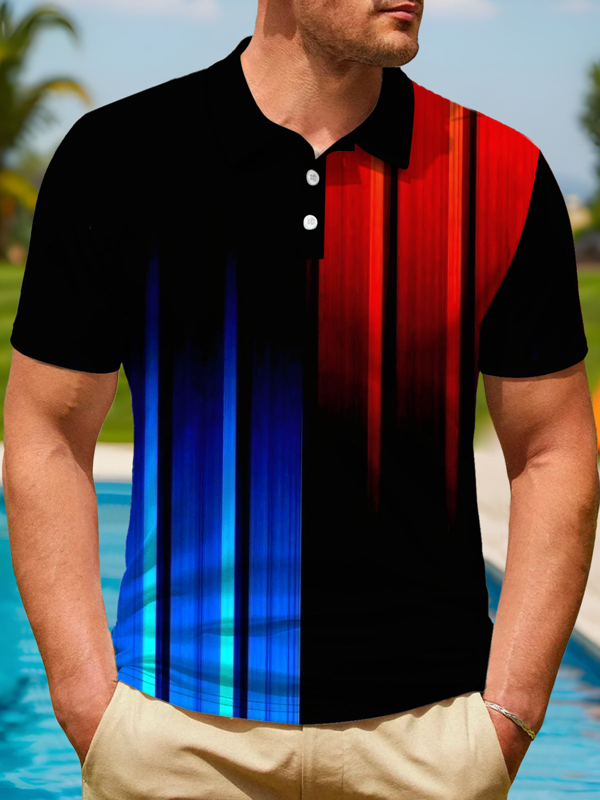 Gradient Stripe Print Men's Short Sleeve Button Polo Shirt
