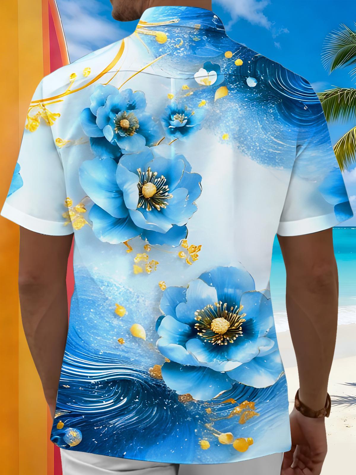 men's blue flower print shirt back view