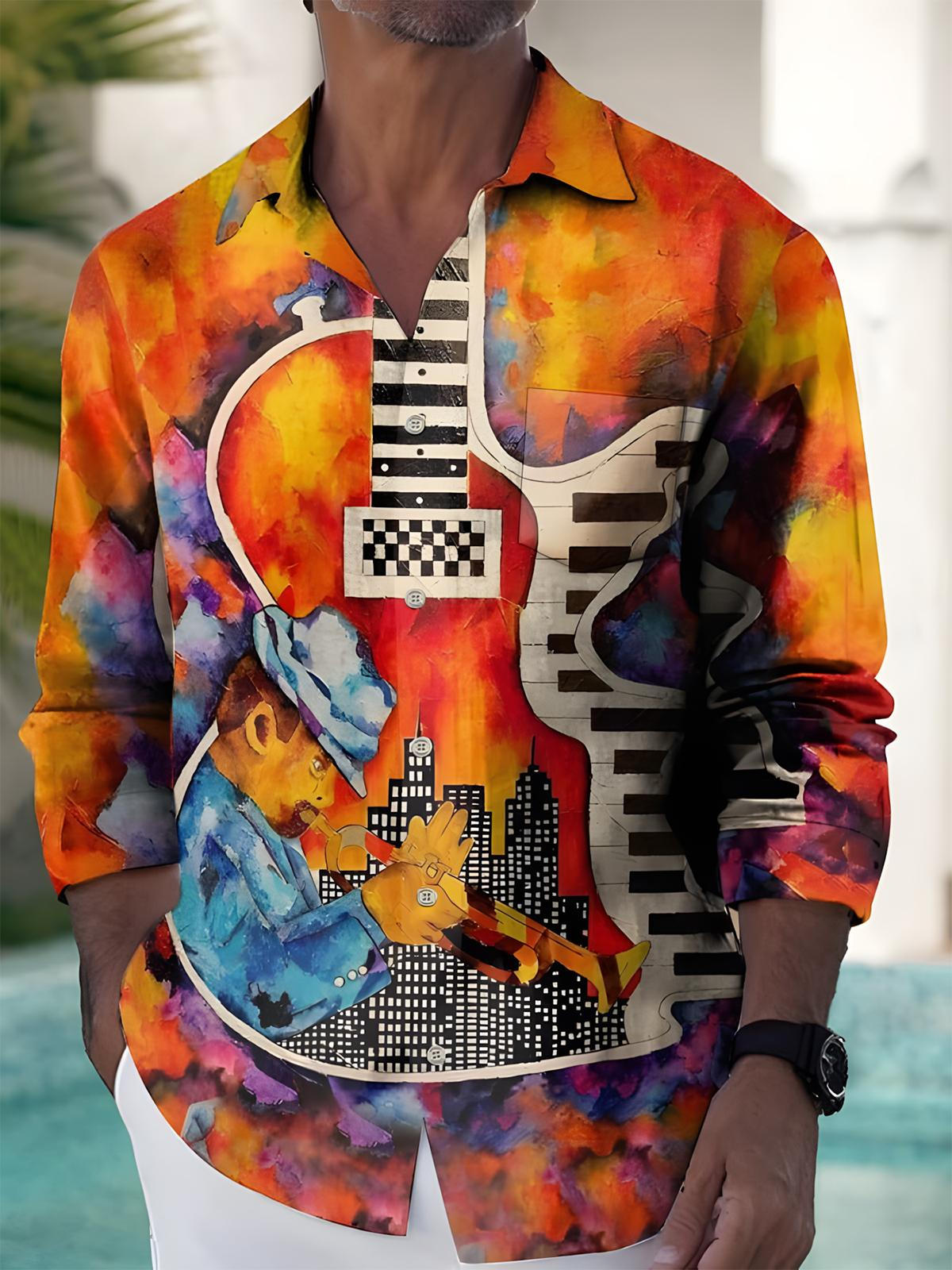 Music Guitar Art Men's Pocket Long Sleeve Shirts