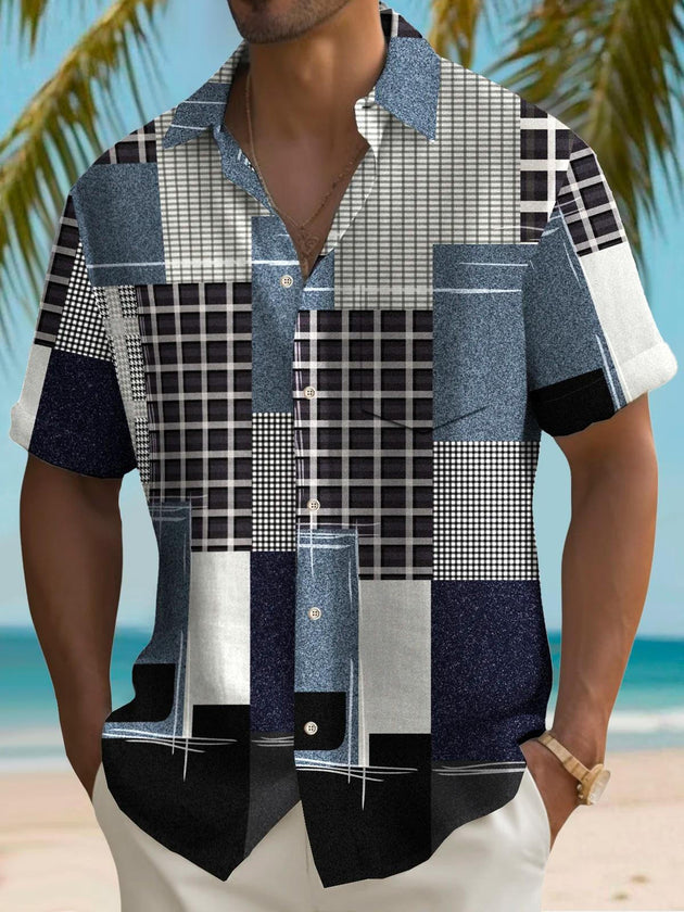 Men's geometric print pocket short sleeve shirt front view