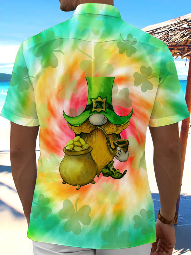 St. Patrick's Day Gnome Clover Tie Dye Print Men's Pocket Short Sleeve Shirts