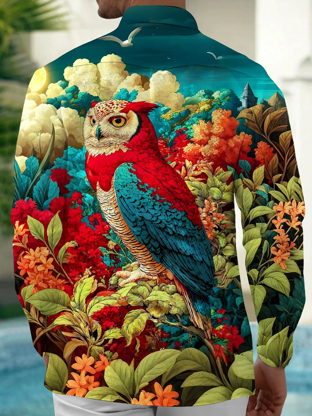 Owl Floral Men's Pocket Long Sleeve Shirts