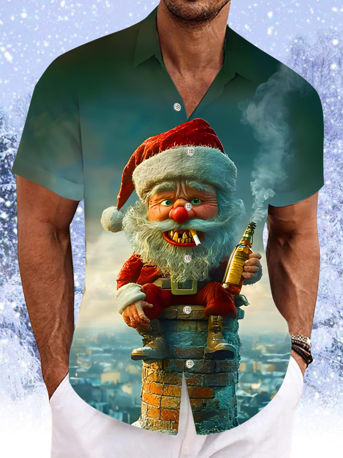 Fun Christmas Santa Claus Smoking Wine Chimney Xmas Men's Pocket Short Sleeve Shirts