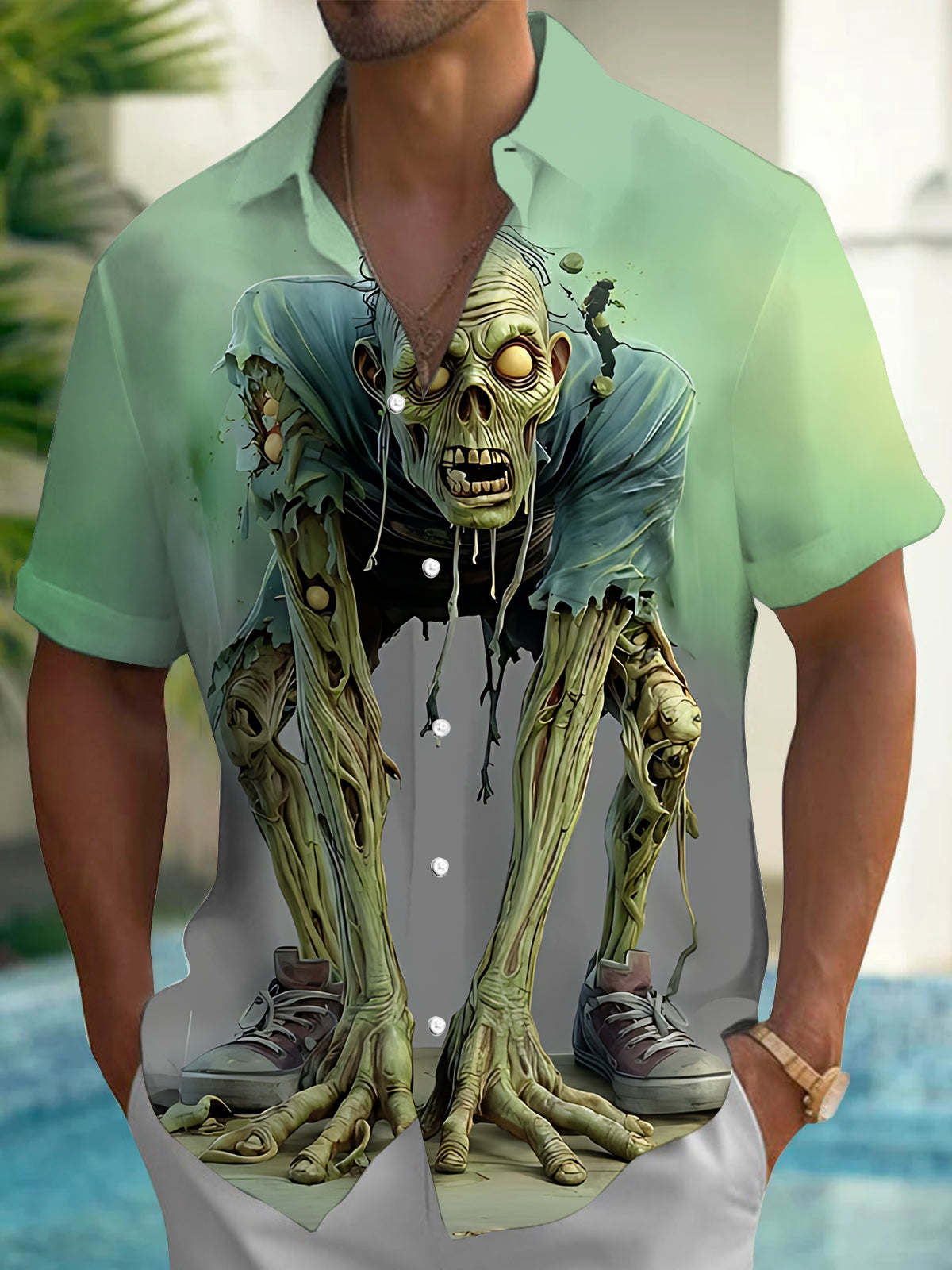 Halloween Zombie Print Men's Pocket Short Sleeve Shirts