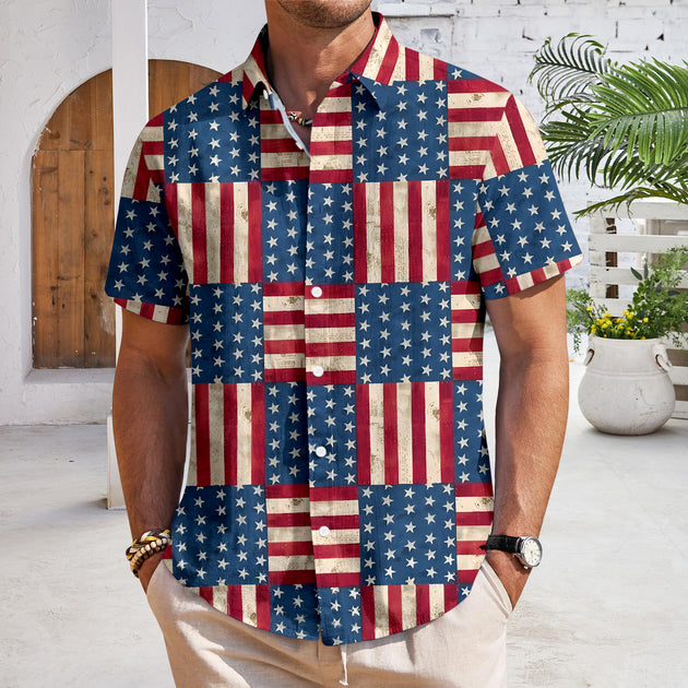 Patriotic Button Down Shirts for Men US Flag Short Sleeve Stars and Stripes Shirts Fashion Tops for Travel noble
