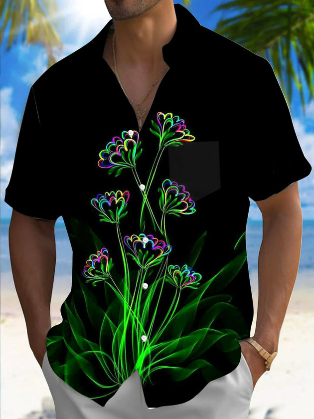 Men's floral print pocket short sleeve shirt front view
