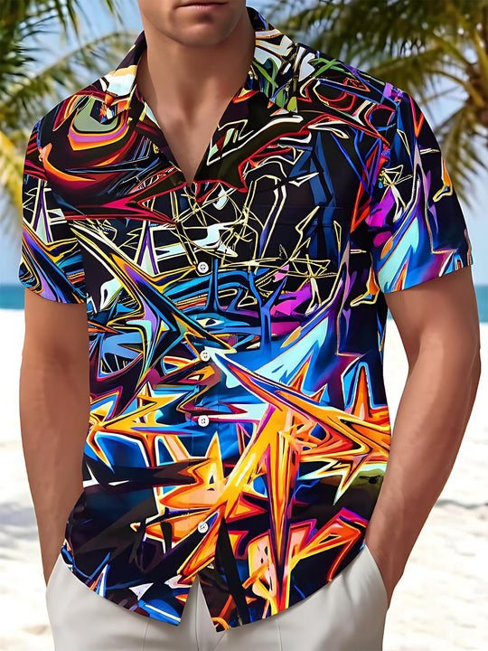Colorful Geometric Abstract Graffiti Men's Pocket Short Sleeve Shirts