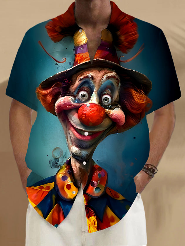 Men's black joker print short sleeve shirt back view