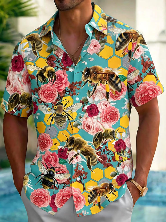 Bee Flower Print Men's Pocket Short Sleeve Shirts