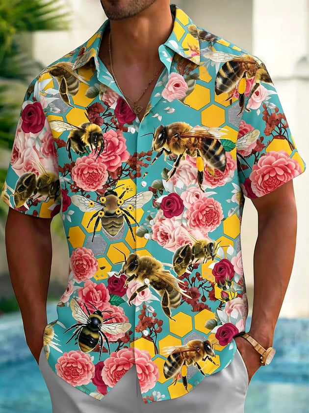 Bee Flower Print Men's Pocket Short Sleeve Shirts