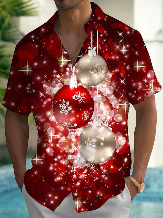 Men's red Christmas ball print short sleeve shirt front view for holiday party