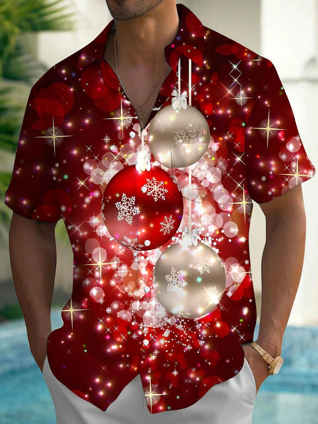 Men's red Christmas ball print short sleeve shirt front view for holiday party