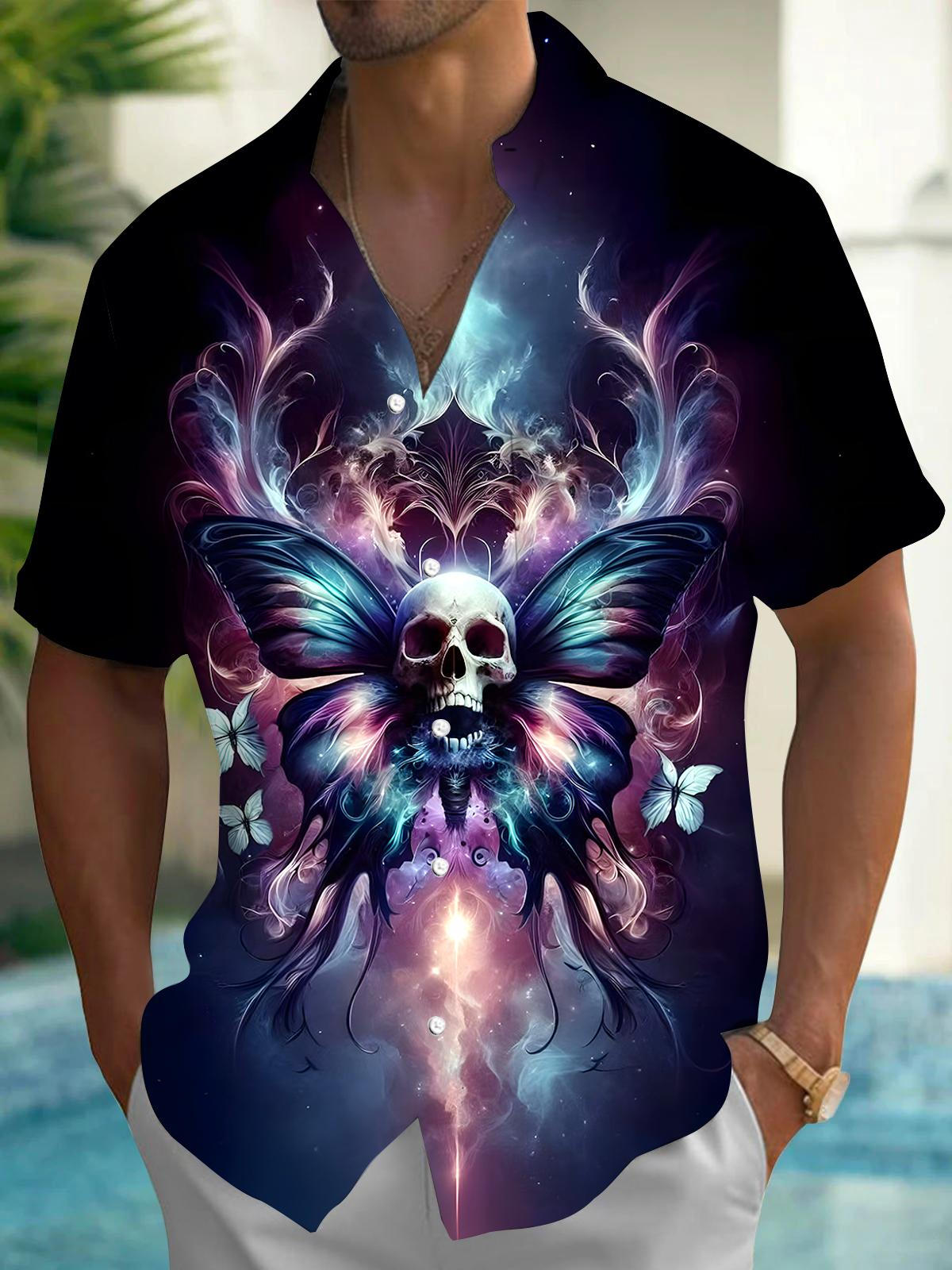 Skull Butterfly Men's Pocket Short Sleeve Shirts