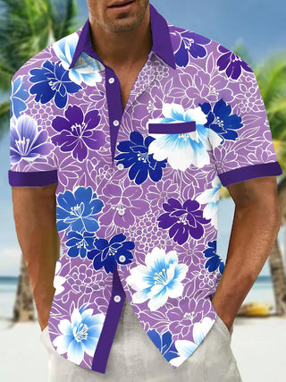 Men's floral short sleeve Hawaiian shirt front view for tropical beach vacation