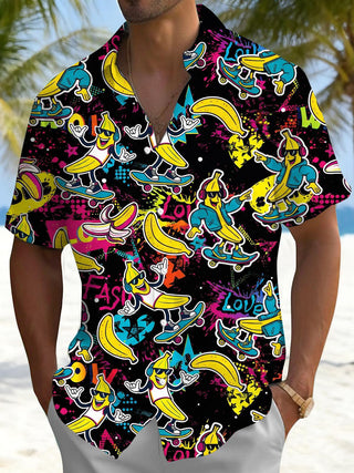 men funny banana skateboard print short sleeve shirt front view