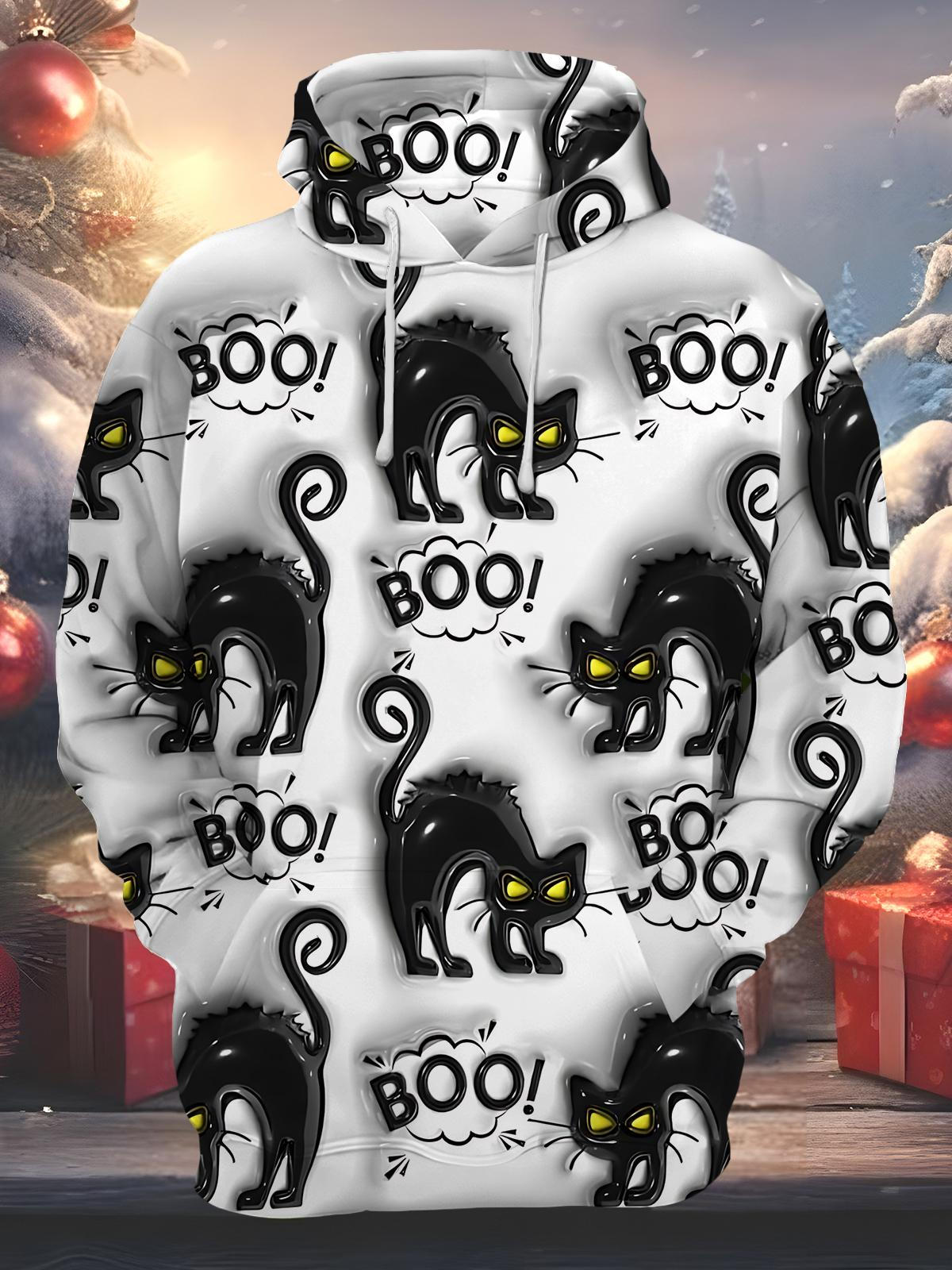 Black Cat Print Men's Long Sleeve Pocket Hoodies