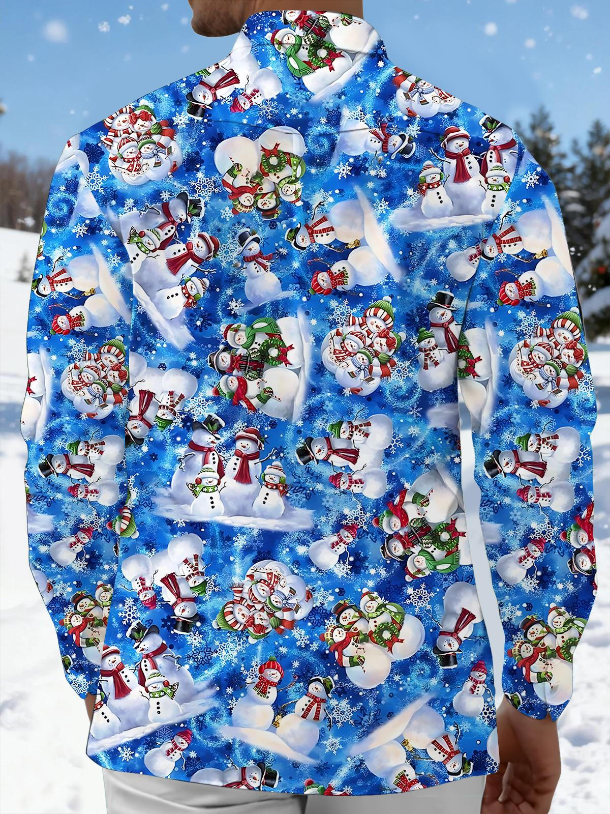 Winter Christmas Snowman Print Men's Pocket Long Sleeve Shirts